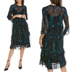 AllSaints Macey Cultivar Chiffon Floral Midi Dress Black and Blue Size XS NWT